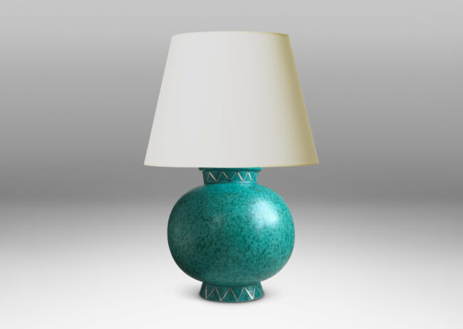 Gallery BAC globe form with flanged neck and base in mottled blue-green with inlaid silver zig-zag ornaments