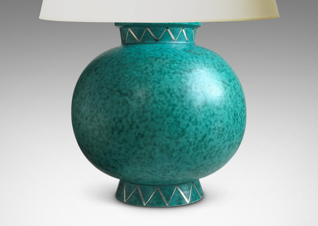 Gallery BAC globe form with flanged neck and base in mottled blue-green with inlaid silver zig-zag ornaments