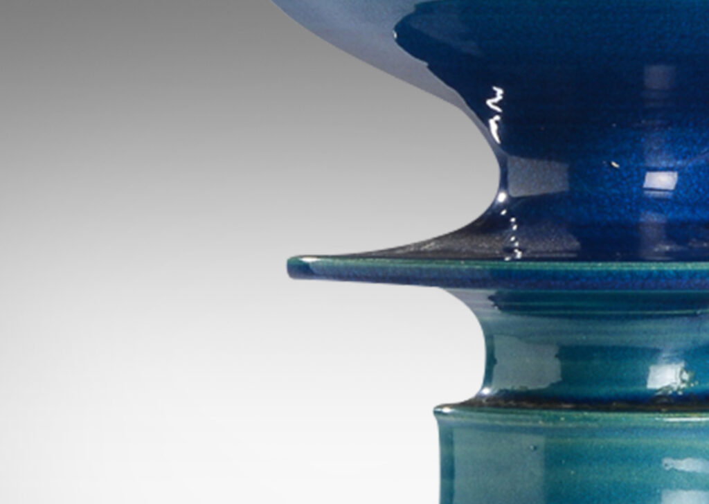 Gallery BAC finial-like form hand turned in earthenware with a brilliant saturated azure glaze