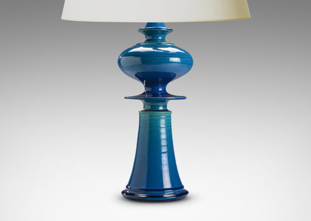 Gallery BAC finial-like form hand turned in earthenware with a brilliant saturated azure glaze