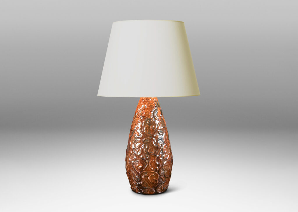 Gallery BAC large drop form with an energetic vermicelli pattern relief and carved gouge texture in an umber brown tone