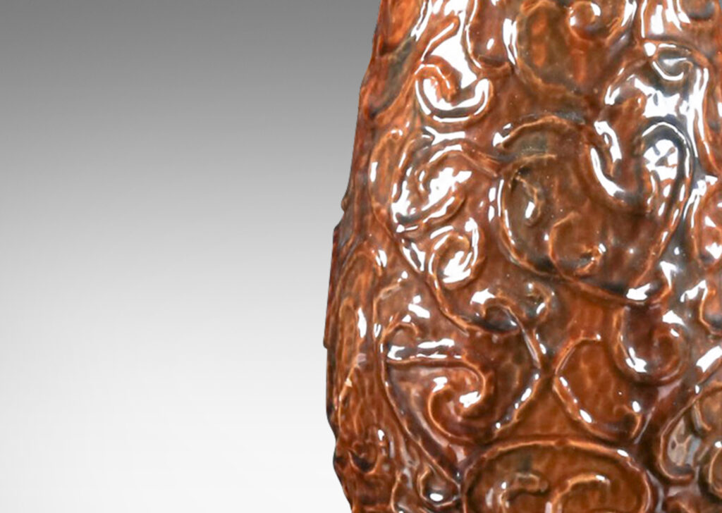 Gallery BAC large drop form with an energetic vermicelli pattern relief and carved gouge texture in an umber brown tone