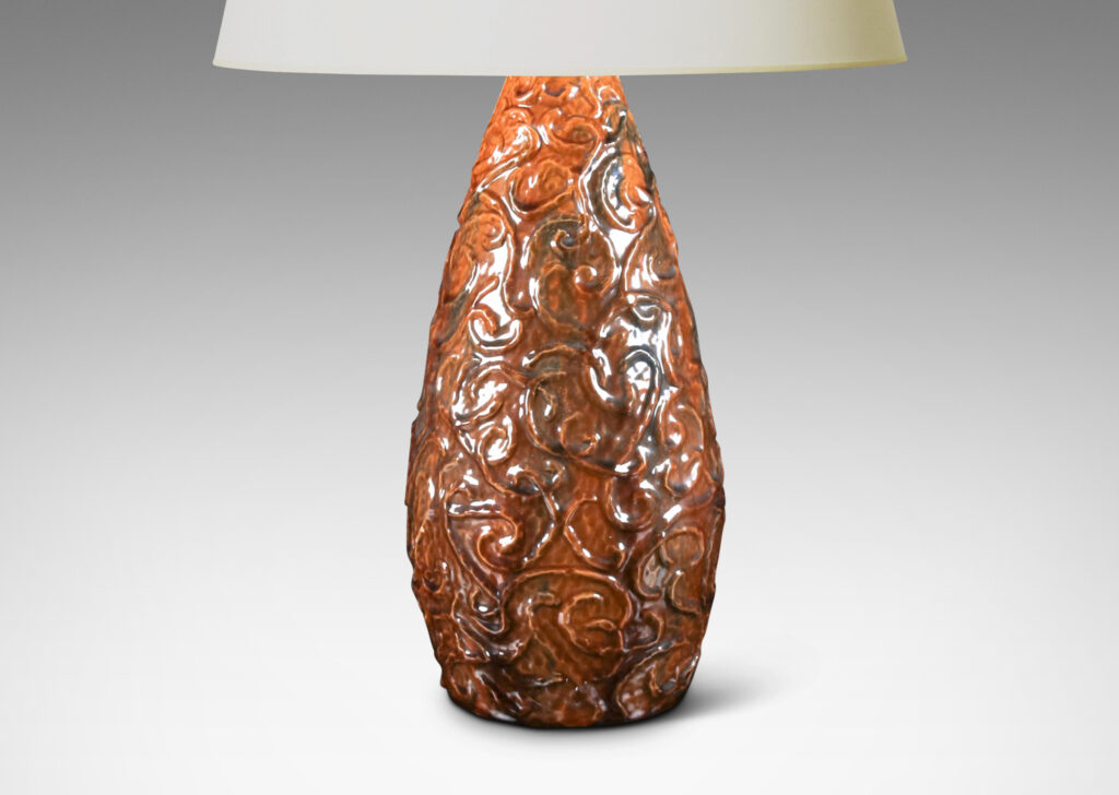 Gallery BAC large drop form with an energetic vermicelli pattern relief and carved gouge texture in an umber brown tone