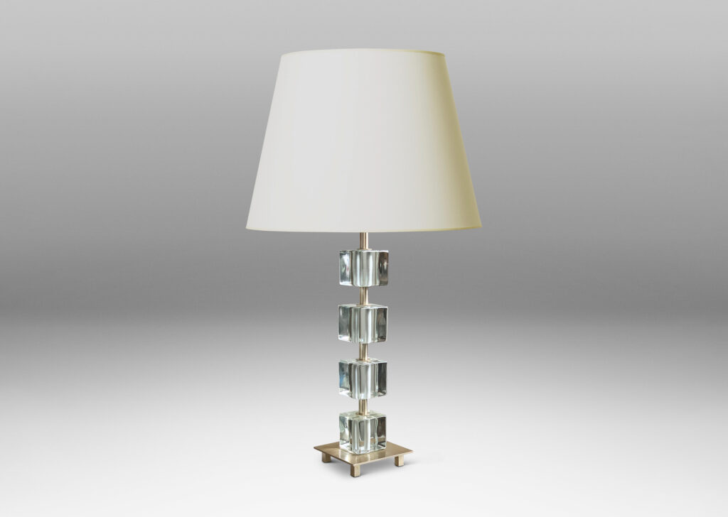 Gallery BAC square base and stand in brushed nickel with suspended crystal cubes