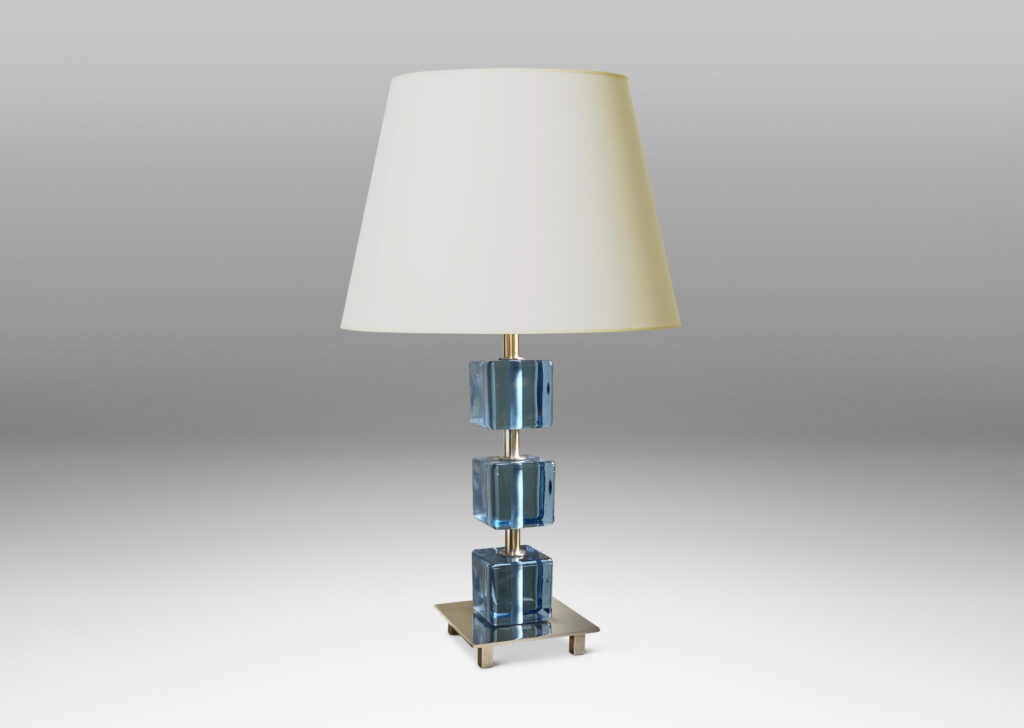 Gallery BAC square base and stand n nickel plate with suspended blue crystal cubes