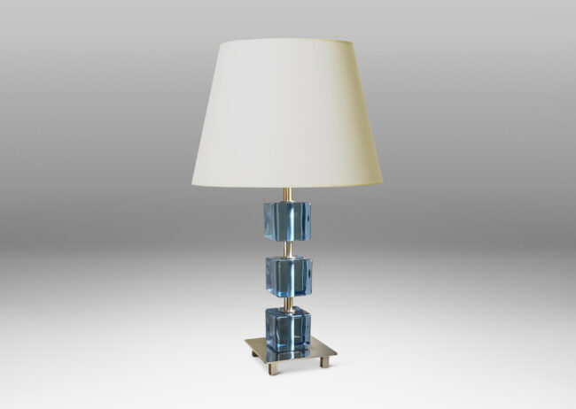 Gallery BAC square base and stand n nickel plate with suspended blue crystal cubes