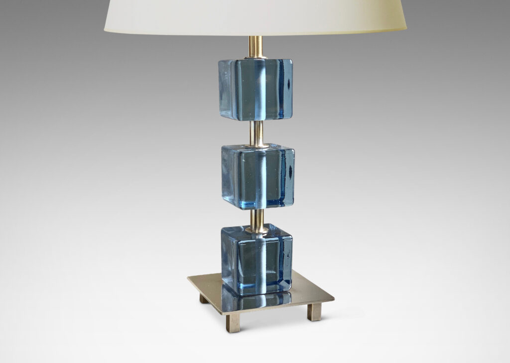 Gallery BAC square base and stand n nickel plate with suspended blue crystal cubes