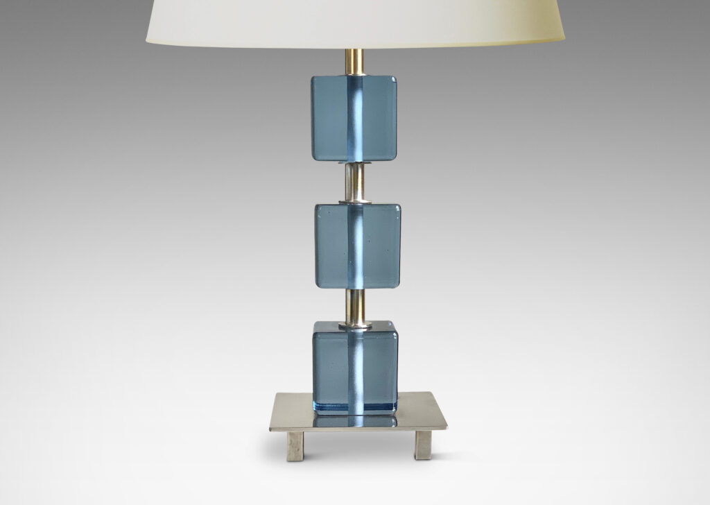 Gallery BAC square base and stand n nickel plate with suspended blue crystal cubes