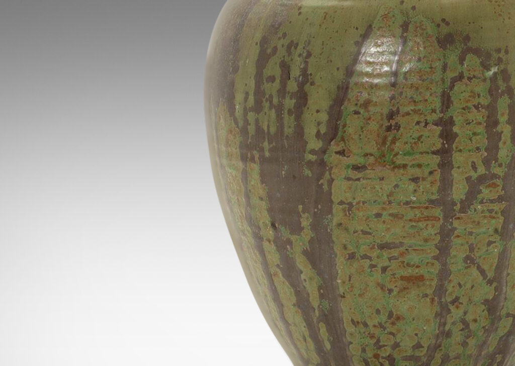 Gallery BAC tapering form with quite subtle ridging, hand-thrown in stoneware with a magnificent flowing olive and rosemary green