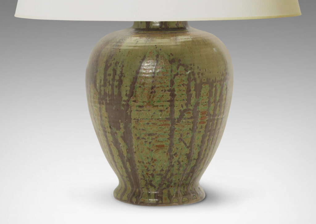 Gallery BAC tapering form with quite subtle ridging, hand-thrown in stoneware with a magnificent flowing olive and rosemary green