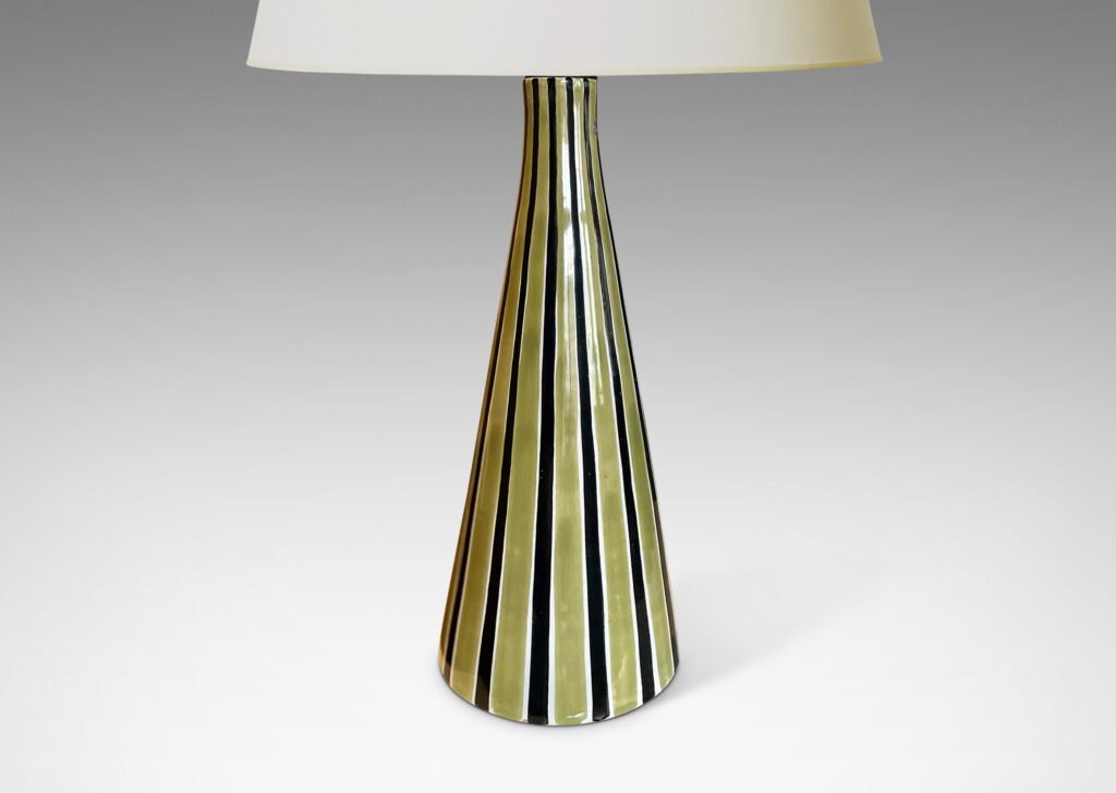 Gallery BAC conical form with glazed vertical olive and black stripes against white