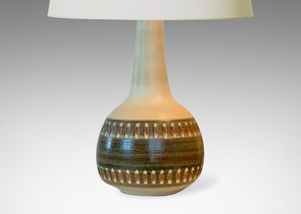 Gallery BAC low round bases with tall tapering necks, carved ovoid details, and matte tan, moss green and russet glazing