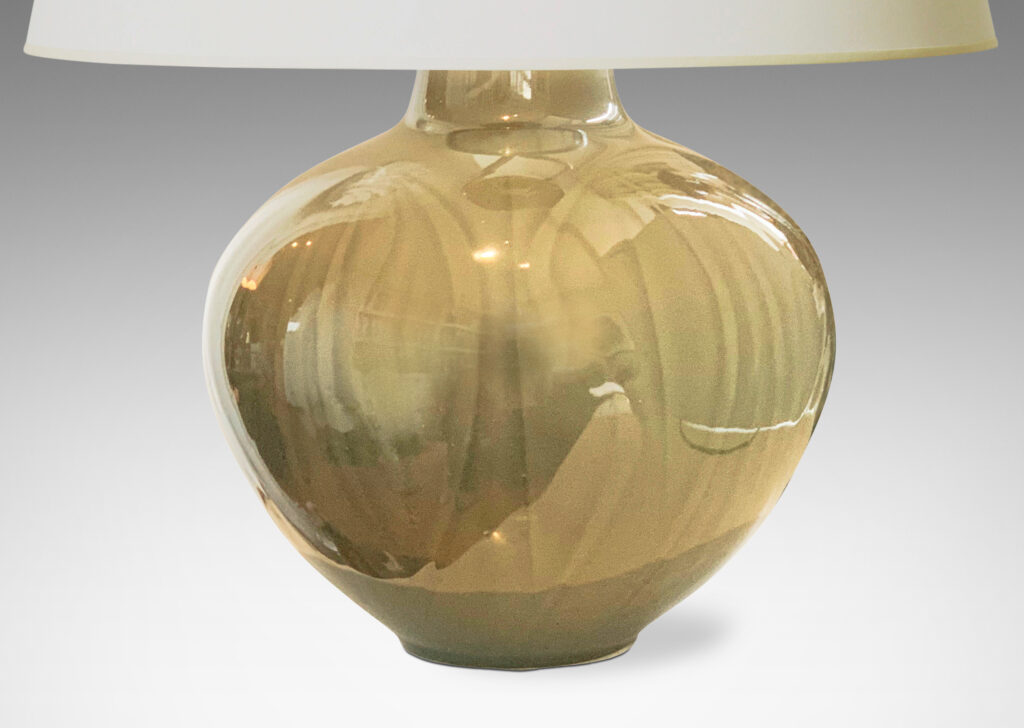 Gallery BAC silhouetted tapering bulb form with a carved abstracted foliate pattern in stoneware with a luscious smoky celadon glaze