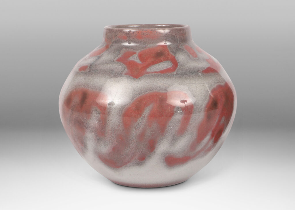 Gallery BAC bulbous form with wide mouth, glazed in deep rose and pale gray luster