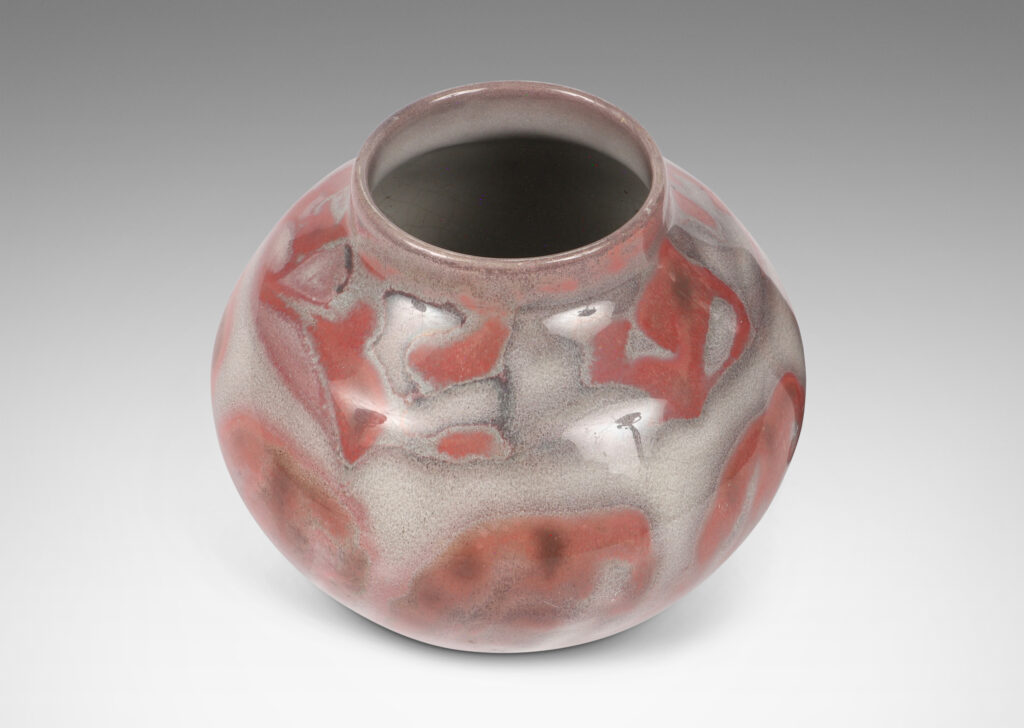 Gallery BAC bulbous form with wide mouth, glazed in deep rose and pale gray luster