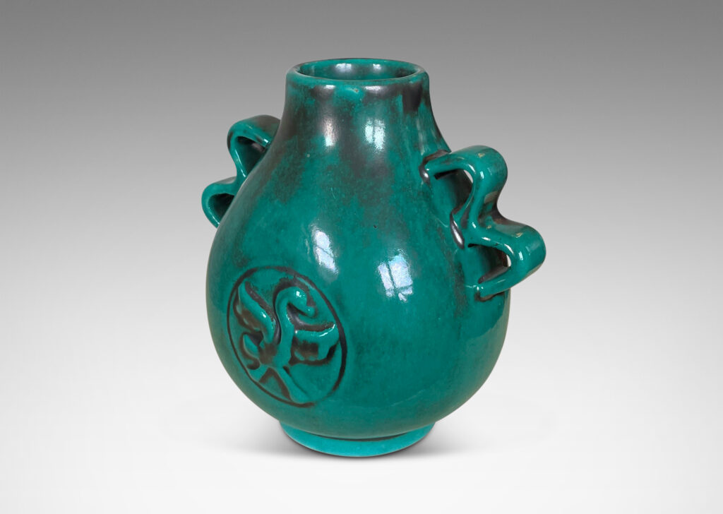 Gallery BAC bulbous form with wavy handles and bird motifs in deep teal-toned copper oxide glaze