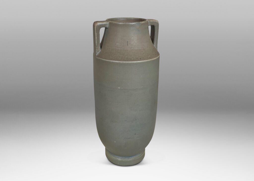 Gallery BAC tall attenuated cylindrical form with handles in a stone-evoking soft matte greenish-gray glaze