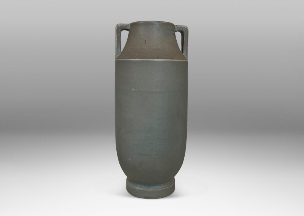 Gallery BAC tall attenuated cylindrical form with handles in a stone-evoking soft matte greenish-gray glaze