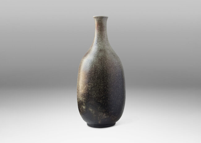 Gallery BAC organically modeled bottle form with a wonderful ombre pale gray and dark oxblood glaze