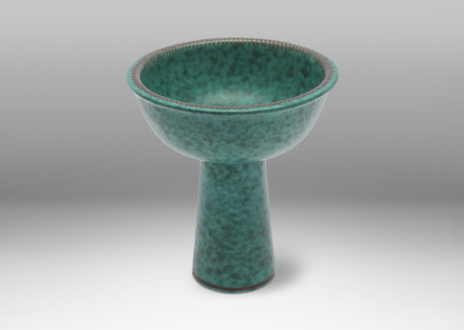 Gallery BAC chalice-like form with bowl on a tapering stand in dappled bright blue-green copper oxide glaze