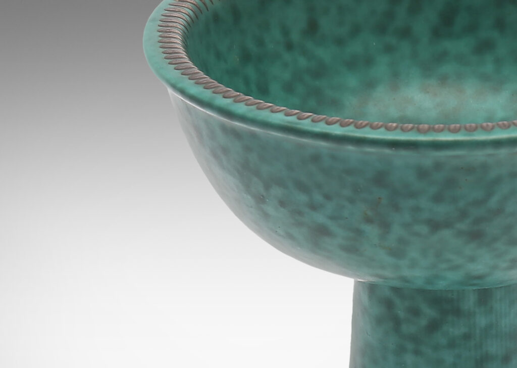 Gallery BAC chalice-like form with bowl on a tapering stand in dappled bright blue-green copper oxide glaze