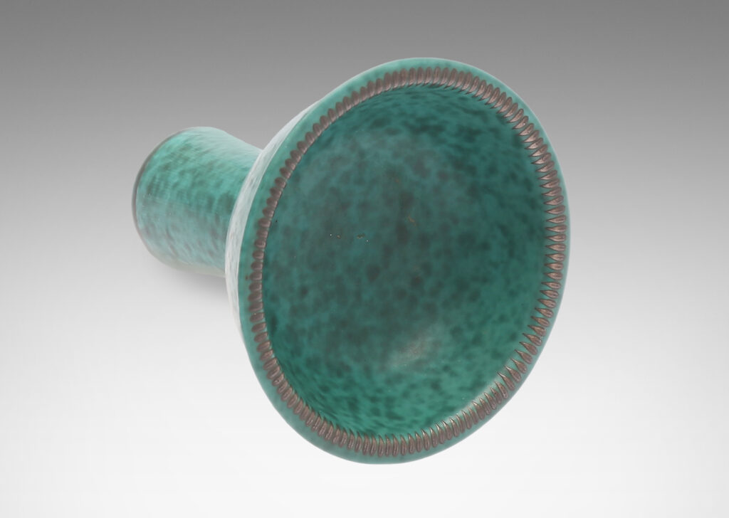 Gallery BAC chalice-like form with bowl on a tapering stand in dappled bright blue-green copper oxide glaze