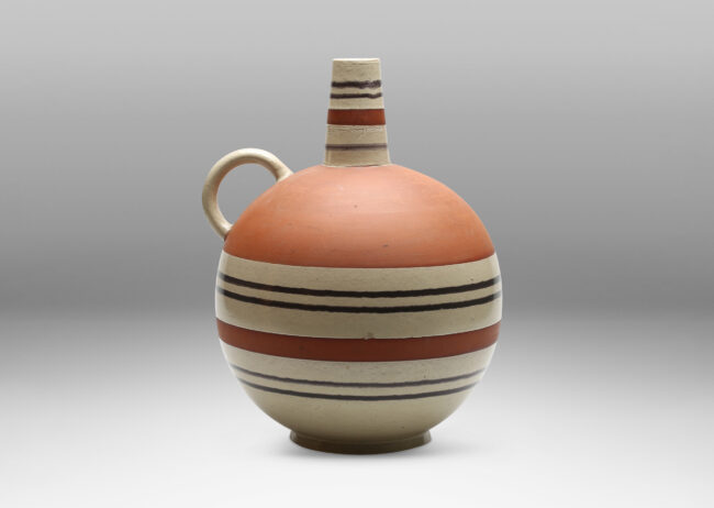 Gallery BAC spherical form with vertical spout and handle in terra cotta earthenware partially glazed in pale gray and brown stripes