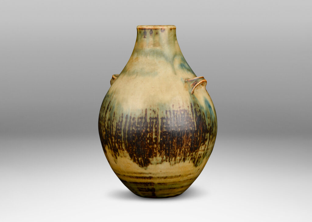 Gallery BAC swelling form with subtle ear handles in stoneware with a magnificently executed “Sung” glaze