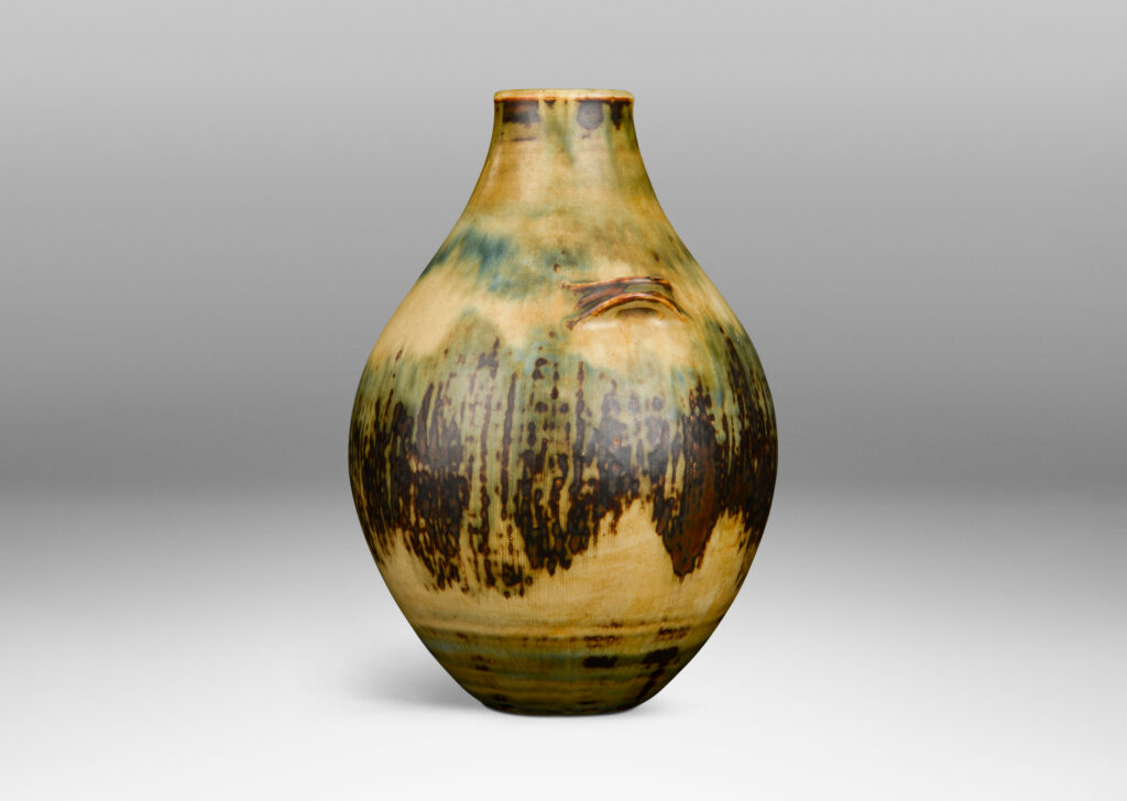 Gallery BAC swelling form with subtle ear handles in stoneware with a magnificently executed “Sung” glaze