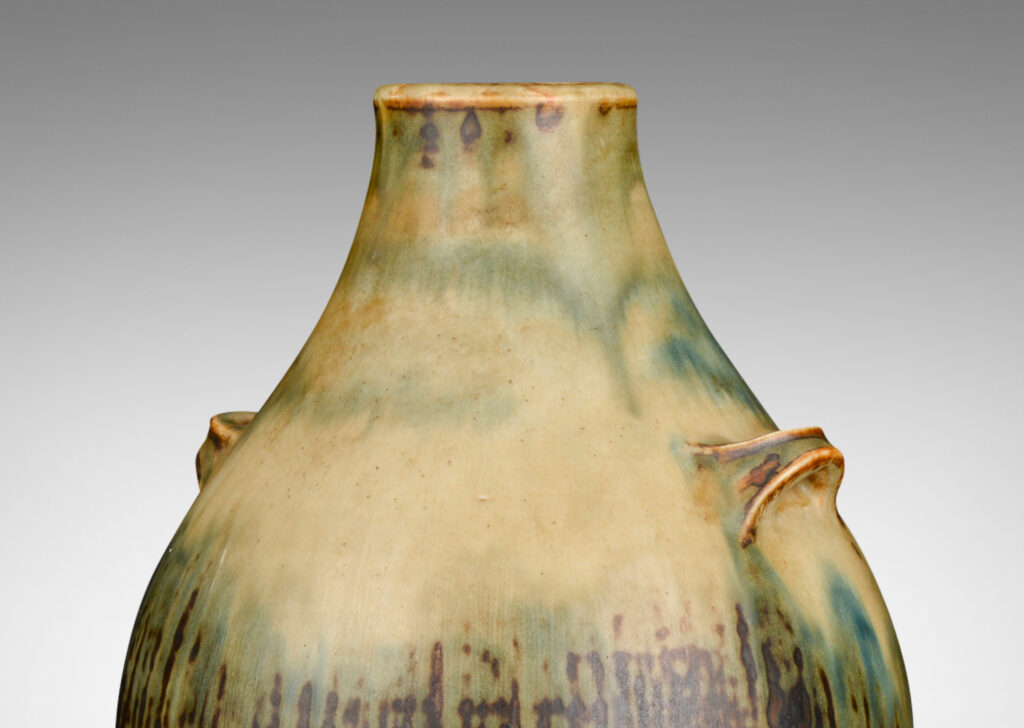 Gallery BAC swelling form with subtle ear handles in stoneware with a magnificently executed “Sung” glaze