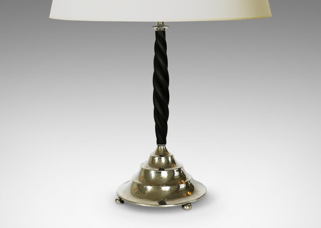 Gallery BAC hammered tiered round base on ball feet with fob in silver with swirling ebony stand