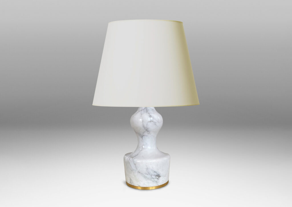 Gallery BAC pawn-like forms in lathed white-gray marble with brass mount