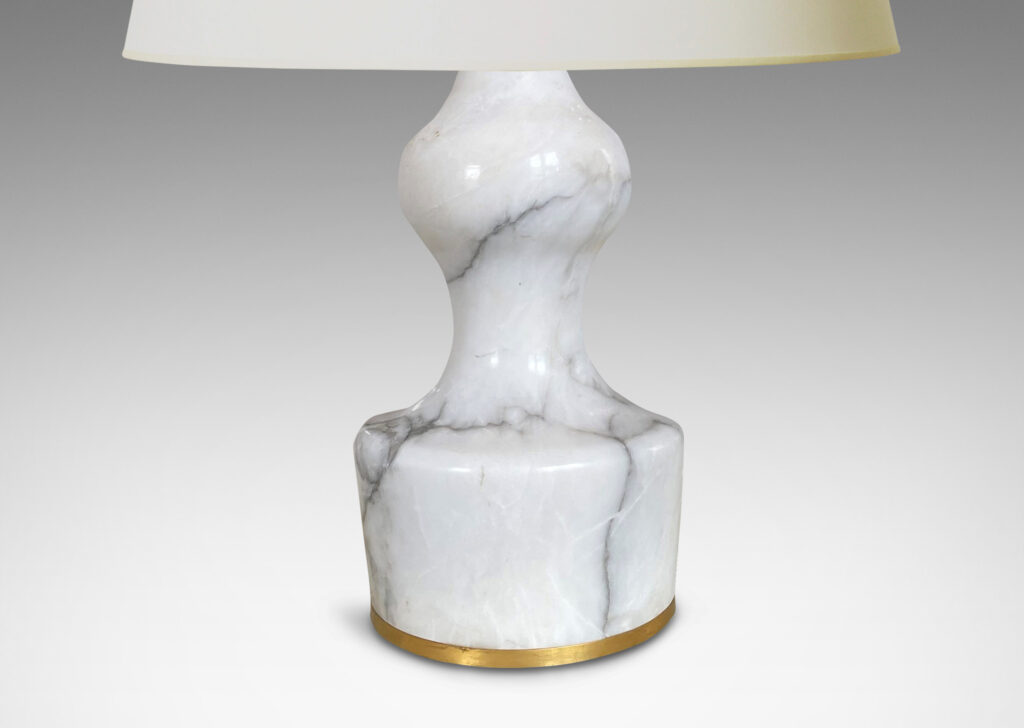 Gallery BAC pawn-like forms in lathed white-gray marble with brass mount