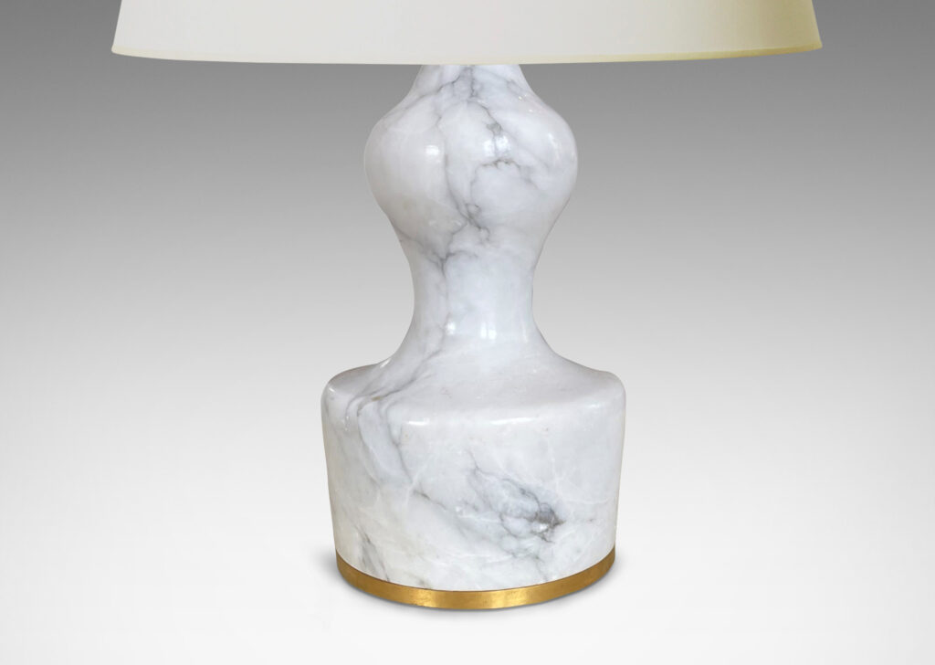 Gallery BAC pawn-like forms in lathed white-gray marble with brass mount