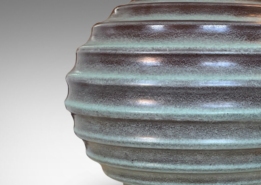 Gallery BAC ide globe form encircled in horizontal fluting in turquoise-brown “Lava” glaze