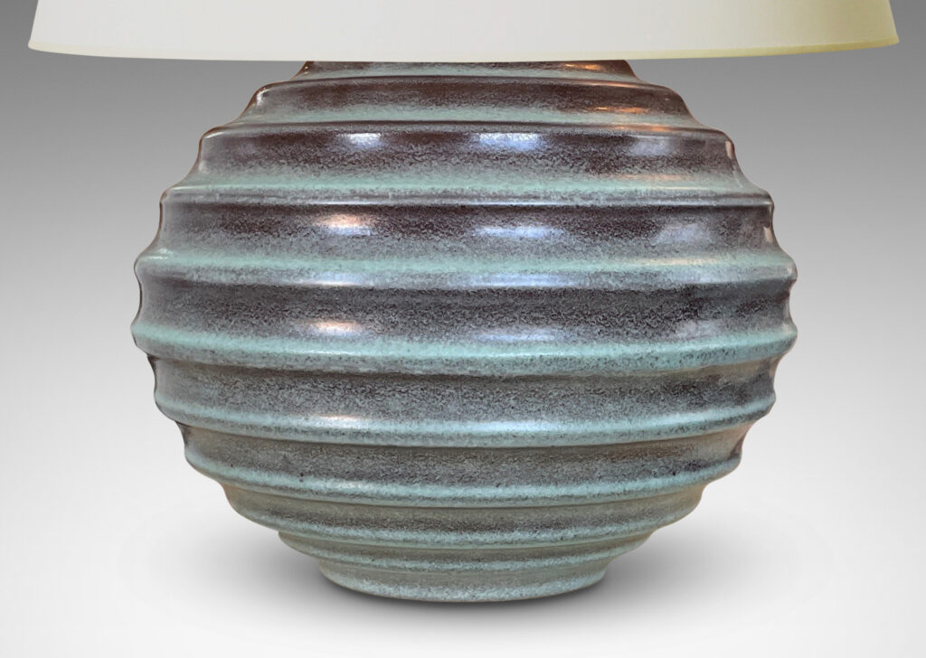 Gallery BAC ide globe form encircled in horizontal fluting in turquoise-brown “Lava” glaze