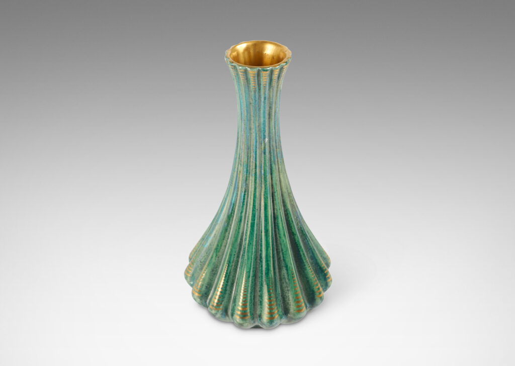 Gallery BAC all flared and lobed form in a teal luster glaze, with gilded touches accentuating the lobes and inside the mouth