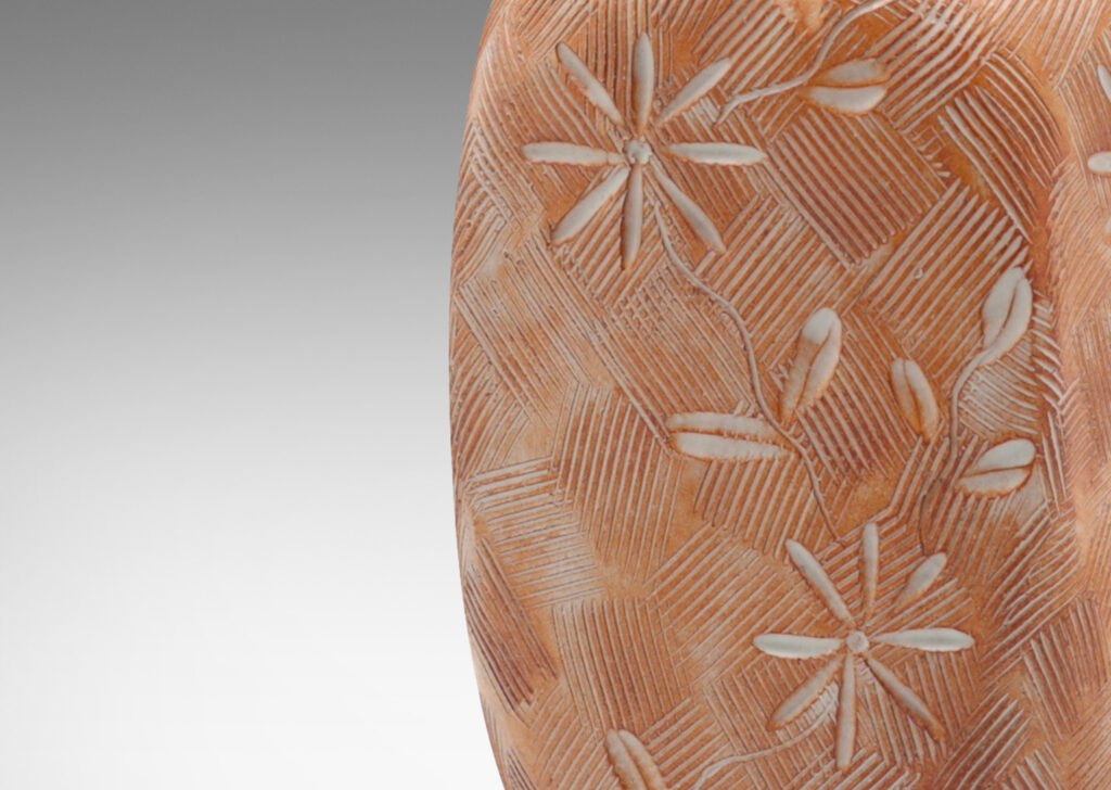 Gallery BAC crosshatch texture overlayed with floral motifs, in peachy brown tones