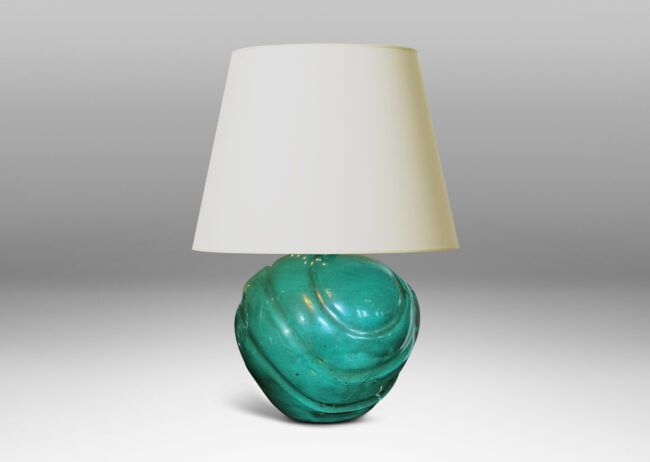 Gallery BAC tapered globe form with diagonal lobing, in earthenware with a rich copper oxide teal glaze