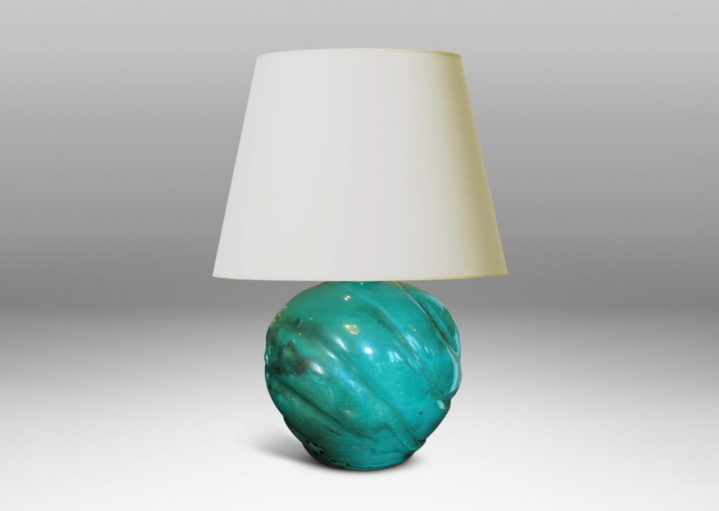 Gallery BAC tapered globe form with diagonal lobing, in earthenware with a rich copper oxide teal glaze