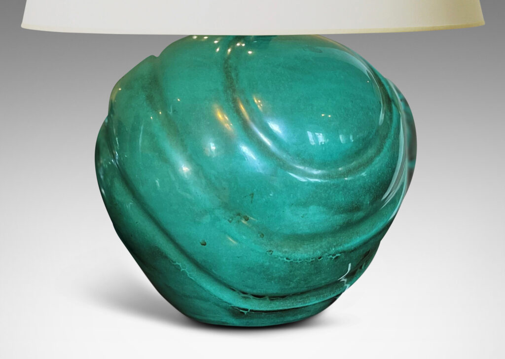 Gallery BAC tapered globe form with diagonal lobing, in earthenware with a rich copper oxide teal glaze