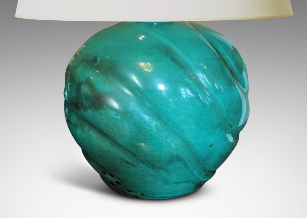 Gallery BAC tapered globe form with diagonal lobing, in earthenware with a rich copper oxide teal glaze