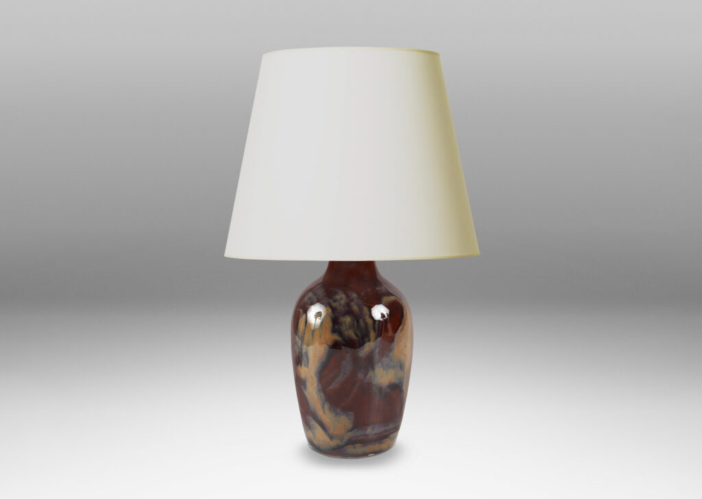 Gallery BAC classic vase form in a rich burnt sienna with scrolling pattern in pale taupe luster glaze