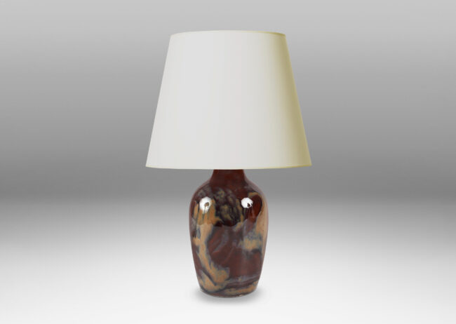 Gallery BAC classic vase form in a rich burnt sienna with scrolling pattern in pale taupe luster glaze