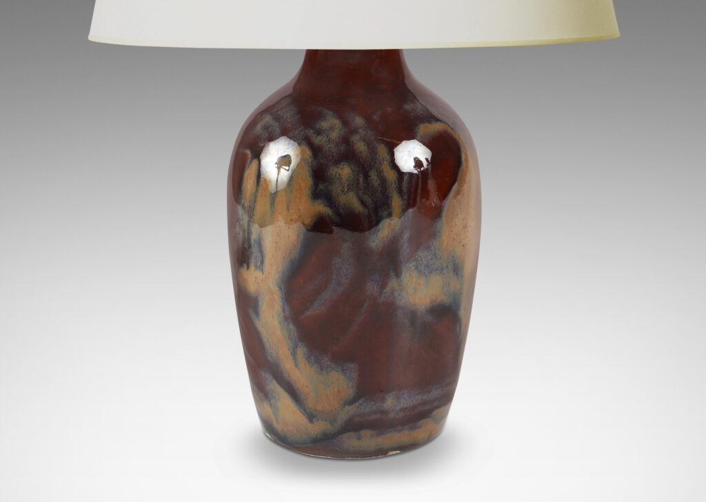 Gallery BAC classic vase form in a rich burnt sienna with scrolling pattern in pale taupe luster glaze