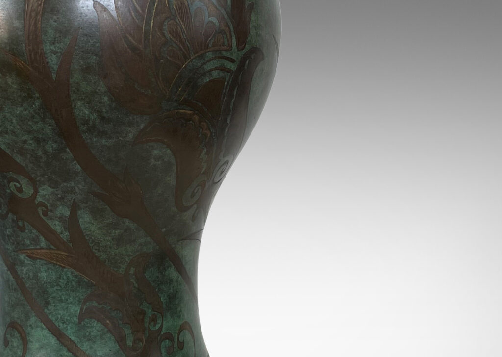 Gallery BAC traditional swelling vase form in bronze, patinate with a deep bronze tone exotic floral pattern against a lovely verdigris field