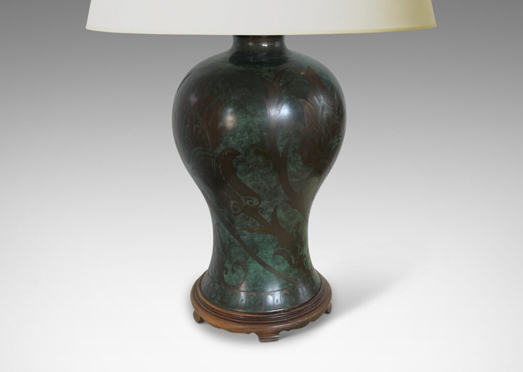 Gallery BAC traditional swelling vase form in bronze, patinate with a deep bronze tone exotic floral pattern against a lovely verdigris field