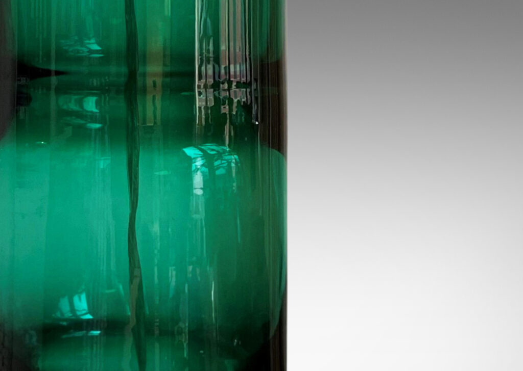 Gallery BAC tall canister form with internal ridge tonal stripes, hand-blown glass in a wonderful deep alpine green