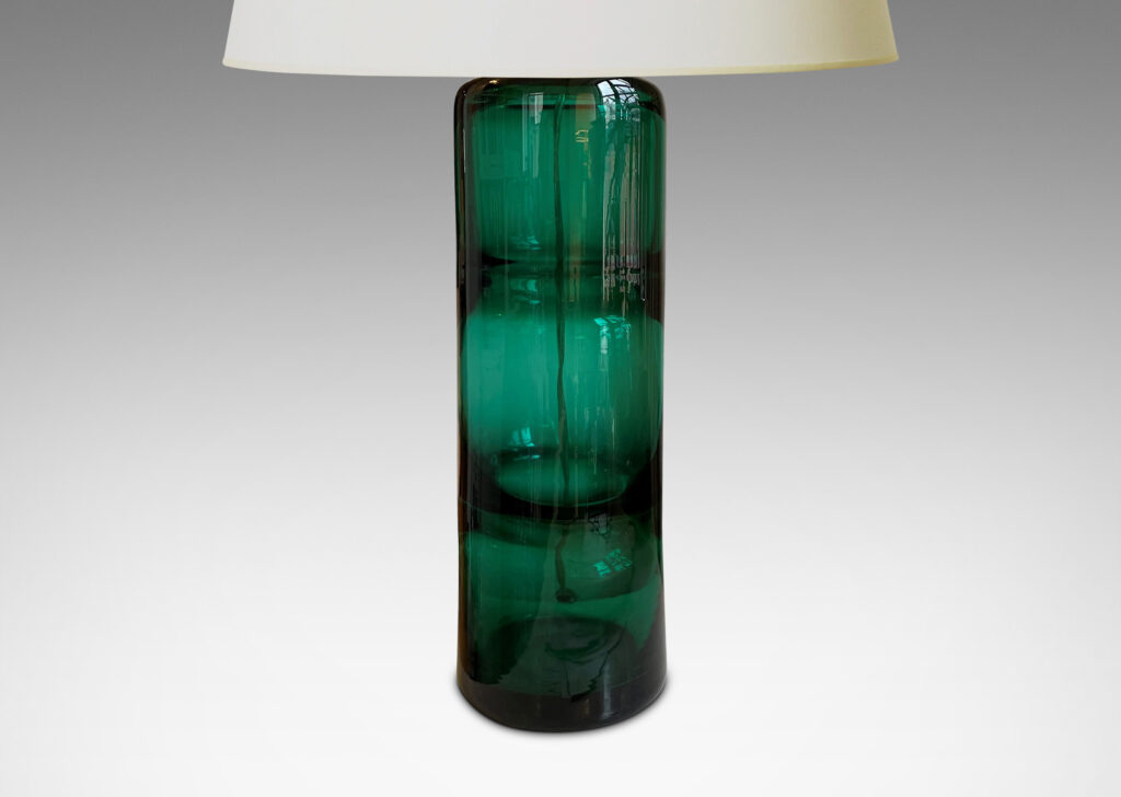 Gallery BAC tall canister form with internal ridge tonal stripes, hand-blown glass in a wonderful deep alpine green