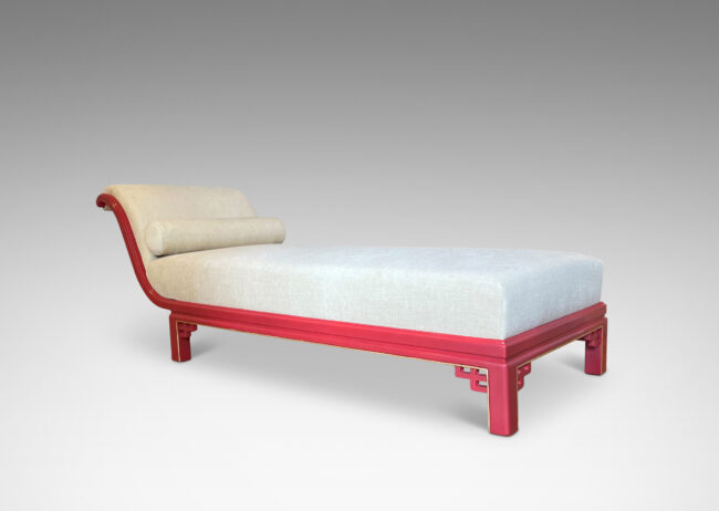 Gallery BAC scrolling back and bracketed legs finished in vermillion lacquer with gilded detailing and newly reupholstered in a pale gold chenille